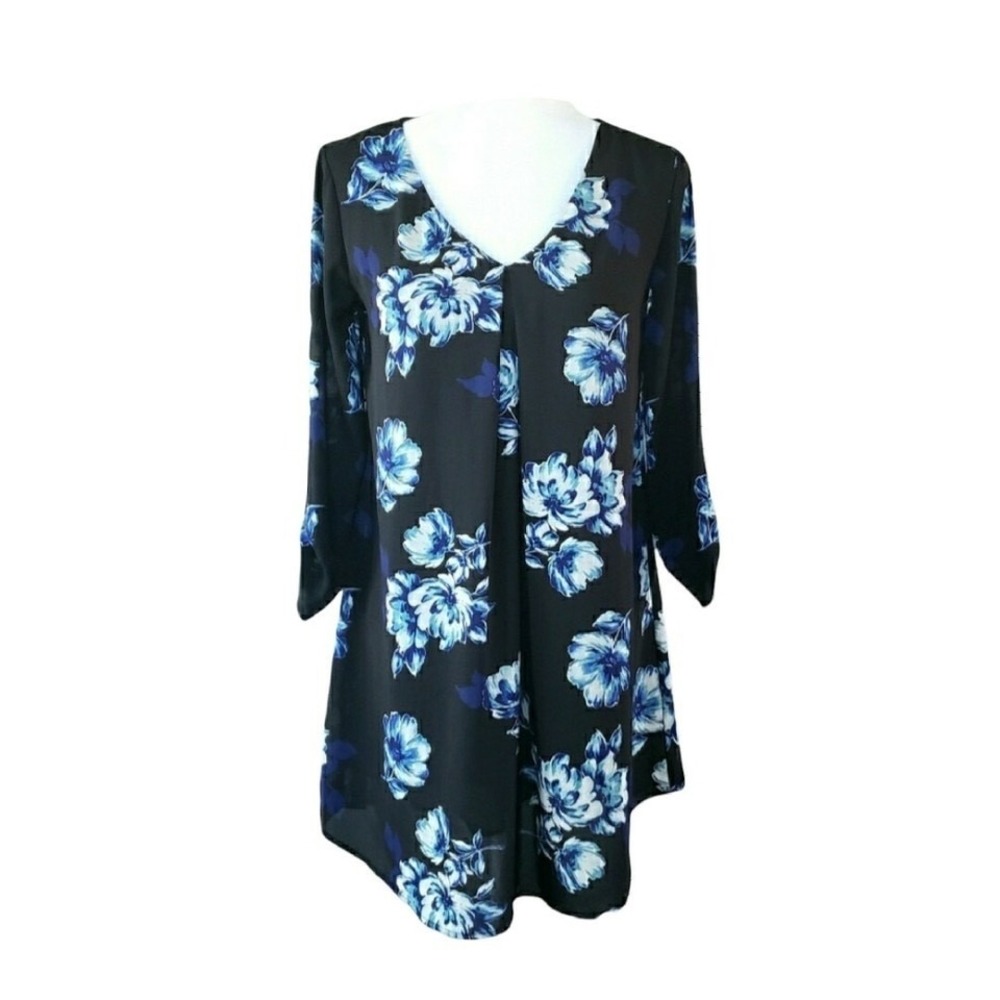 Lush Blue Floral 3/4 Sleeve V Neck Shift Dress Women's Size S Lined Modest EUC
